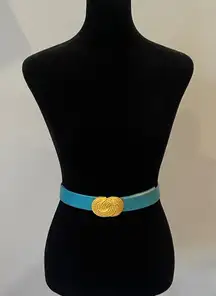 Elegant Aqua Blue faux leather Belt with Gold Buckle