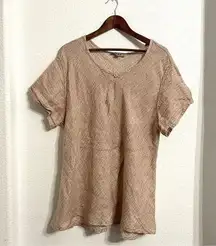 Flax Womens Shirt Tunic Beige Tan Short Sleeve Diamond Pattern Size Large