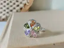 Vintage Silver Multi Gemstone Flower Ring “Peony” Floral Rainbow Colorful Jewelry