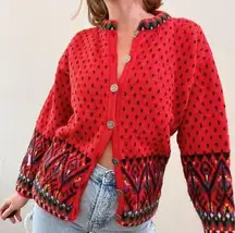 Vintage 1980s/90s Red Chunky Knit Fair Isle Cardigan Sweater