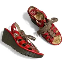 Fly London Yito Red Leather Lace Up Wedge Sandal Shoes EU 37
