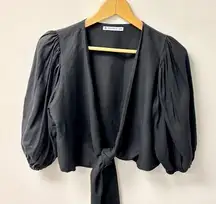 Ostra Brasil Puff Sleeve Tie Front V-Neck Cropped Blouse Top Black Womens Size M