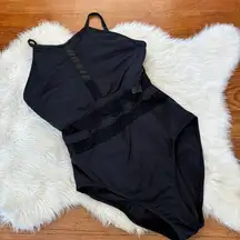 Solid Black Mesh Cut Out One Piece Swimsuit