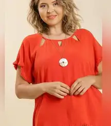 Umgee Linen Blend Cut Out Round Neckline Top with Frayed Fringe Hem