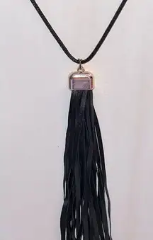 Leather fringe tassel necklace on black rope chain!