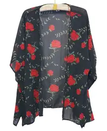 Whimsigoth Dark Romantic Sheer Rose Kimono Cardigan 3X Noir Red Floral Gothic