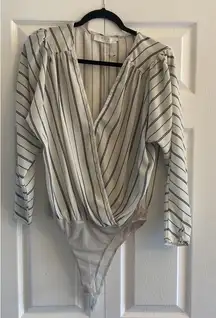 ASTR The Labe Womens XL Striped Long Sleeve Wrap Bodysuit Deep‎ V Neck Going Out