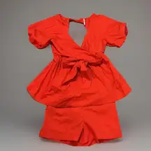 Free People Red Set Top and Shorts Open Back Tie Waist Puffed Sleeve Size Small