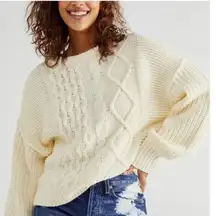 Free People Dream Cable Crew Neck Sweater, Cream | Size Small
