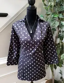 Zara Blouse Women XL Black White Polka Dot Wrap Top 3 4 Sleeve Dressy Shirt