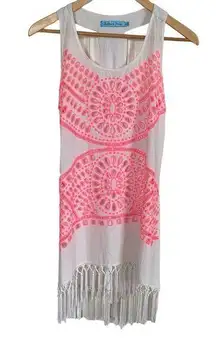 women's small pink and white racerback fringed swimsuit cover-up