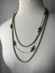vintage metallic silver toned chain metal necklace with beads