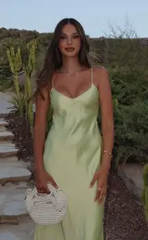 Dress Sage green Slip Midi Satin Effect Maxi Wedding Party