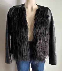 Libby Edelman Faux Fur Faux Leather Jacket Black Shaggy Moto XS Boho