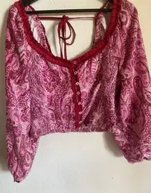 Free People  Dare Me Tie-Back Velvet Blouse Boho Paisley Retro Combo Top Size L