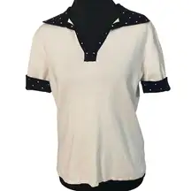 Vintage Polka Dot Collar Knit Polo White Black Petite Med Retro Rockabilly Prep
