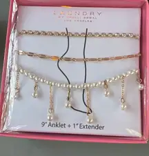 Laundry Shelli Segal Anklet Trio Set Pearls Gold Chains 9" + 1" Extender New Box