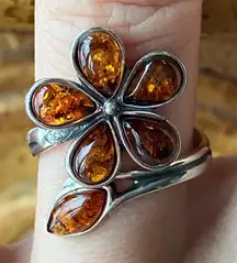 Baltic Amber Sterling Silver Flower Ring Size 7