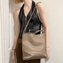 ALL SAINTS Taupe Mink Gray Pebbled Leather Mast Tote Bag