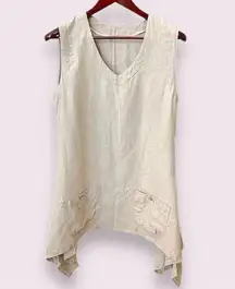 Boutique Linen tunic top Lagenlook asymmetric , pockets, sleeveless, tan, sz M