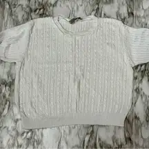 Women's White Cable Knit Sweater Vintage 90s Rayon Blend Cropped Short Sleeve
