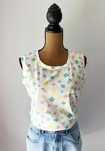 Vintage 70s Lucky Tops Multicolor Floral & White Sleeveless Top