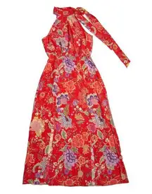 NWT RIXO Valerie in Peony Flora Red Tie Neck Silk Double Slit Midi Dress XS $420