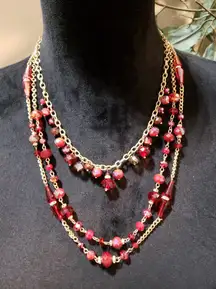 Ali Khan Womens 3 Strand Gold Tone Red Beads Aurora Borealis Necklace Jewelry