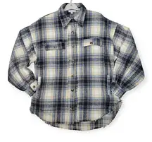 White Birch Plaid Button Down Shacket Women's Small Blue Tan Fuzzy Knit