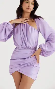 House of CB Orchid KATE Satin Wrap Front Long Sleeve Party Mini Dress Medium NWT