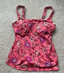 Lands' End Orange Pink Floral Tankini Swim Top w/ Underwire Shelf Bra - 6 - EUC