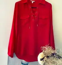 Cherry Red Lace up Semi sheer long sleeve Top