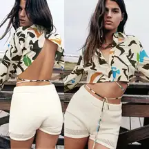 Zara Multicolored Abstract Cropped Button Up Front Open Back Lace Up Shirt