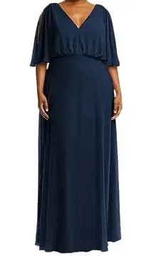 After Six Midnight Navy V-Neck Split Sleeve Blouson Bodice Maxi Dress 14R NWT