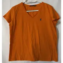 Ralph Lauren Sport Orange Blue Pony V-Neck T Shirt Short Sleeve Women's Size L