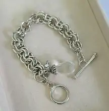 Silver Double Link Chain Bracelet with Teardrop Charm and Toggle Clasp