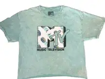 MTV Mint White Tie Dye Cropped Logo Graphic Shirt With Pineapples Size Large