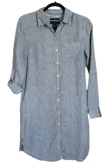 Tahari 100% Linen Striped Button-Up Shirt Dress Tunic Long Sleeves Pockets XS