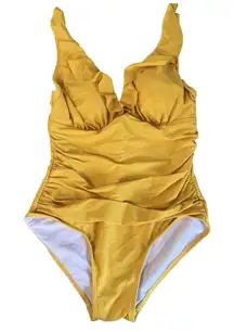 DKNY Swimsuit Womens Size 14 Yellow One Piece Ruching Straps Ruffles Designer
