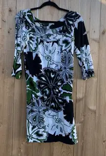 3/4 sleeve black white & green floral dress by bcbg maxazria‎ size medium