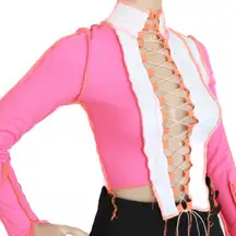 Pink White Patchwork Lace Front Long sleeves Crop Top
