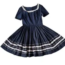 VTG Retro Unbranded Black summer fit flare dress with pink tassel trim medium