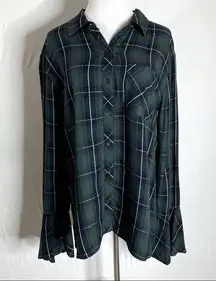 beachlunchlounge Green Black Plaid Top Medium Long Sleeve Bell Sleeves Button Up