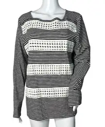 Talbots  Shirt Womens Large Black White Striped Polka Dot Long Sleeve Tee Casual