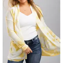 Buckle sz L Womens Daytrip Yellow Tye Dye WaffleKnit Sweater Cardigan Boho Cozy