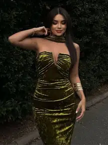 Zara dress velvet Halter neck shawl corset bodycon velour green evening gown