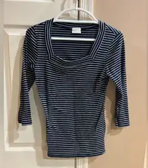 Blue and White Ribbed Fitted Blouse with 3/4 Sleeves