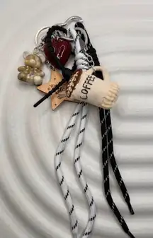 Cute Coffee Cup & Bear Keychain Set with Heart Charm and Ropes – Aesthetic Bag