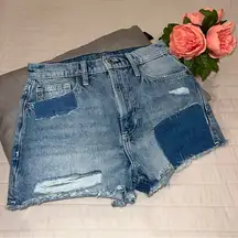 Distressed high waist denim short