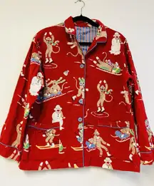 Nick & Nora Sock Monkey Pajama Top Women’s Large Red Flannel Button Down